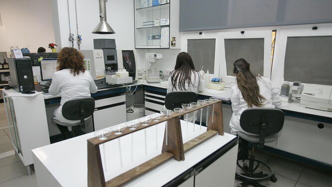 Instalaciones del laboratorio de Coexphal, Labcolor, con varios técnicos trabajando.