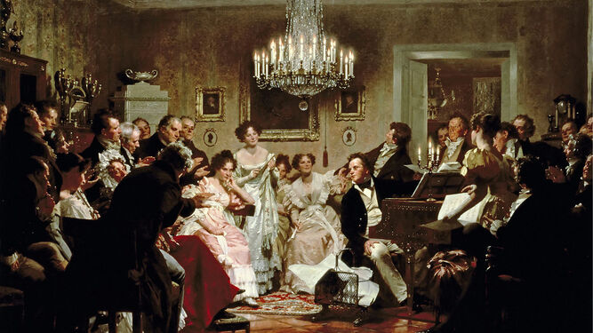A finales del siglo XIX, Julius Schmidt imaginó así una Schubertiade, con Schubert por supuesto al piano.