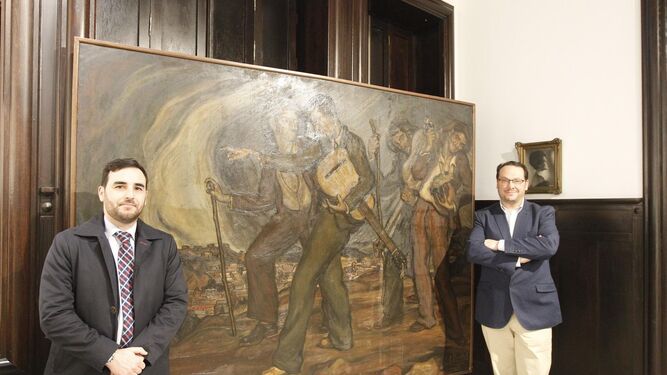 El concejal de Cultura, Carlos Sánchez, junto a Juan Manuel Martín Robles y la obra 'Los Aguinalderos' de Perceval.