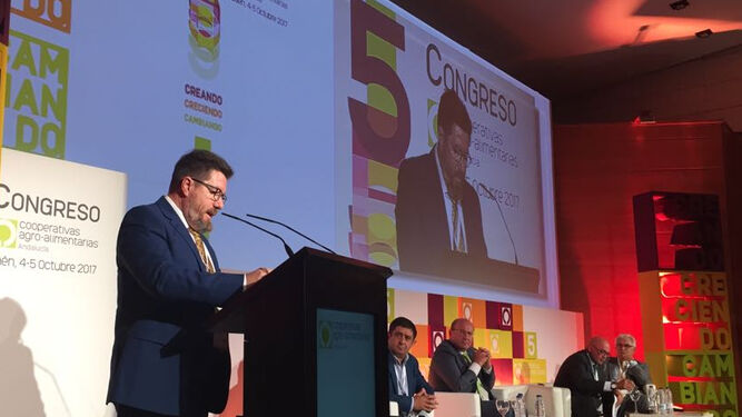 El consejero de Agricultura, el turrero Rodrigo Sánchez, durante su exposición en el congreso de Cooperativas Agroalimentarias.