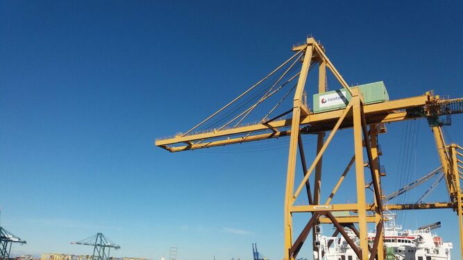 La nueva grúa, lista ya en Valencia para partir hoy mismo hacia el puerto de Cádiz.