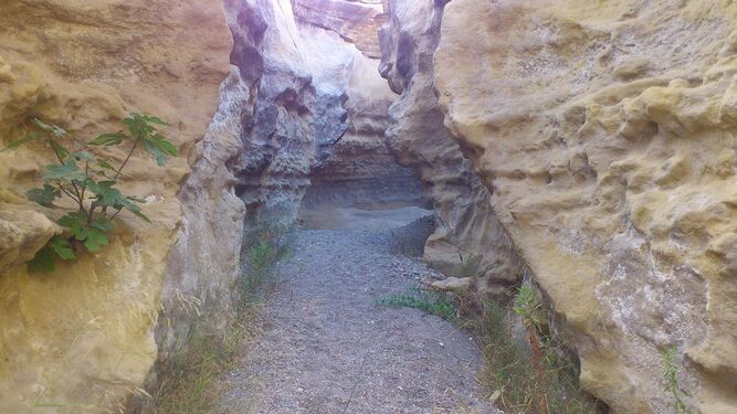 El camino se abre entre grandes paredes de piedra.