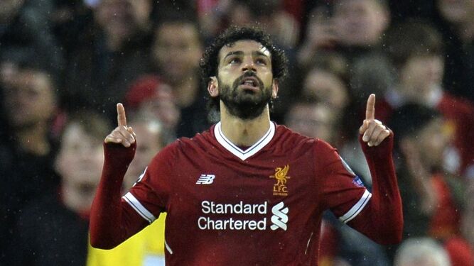 Salah celebra el primer tanto del Liverpool frente a la Roma.