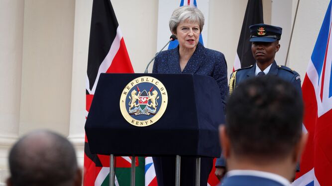 Theresa May, durante una rueda de prensa a final de agosto en Nairobi.