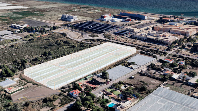 Imagen aérea de cómo quedarán, una vez concluidas, las instalaciones de destinadas a una producción de microalgas en la que se lleva tiempo trabajando.