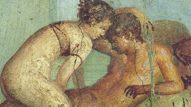 Uno de los famosos frescos eróticos de Pompeya (79 d.C.).
