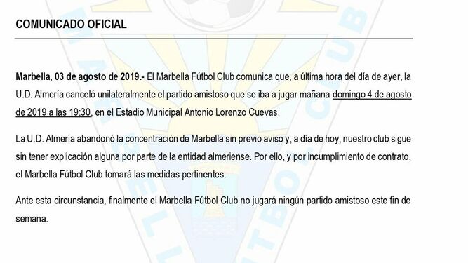 El Marbella tomará medidas contra el Almería por no jugar el partido previsto para mañana