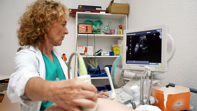 Responsable del servicio de ginecología realizando una ecografía a una mujer embarazada.