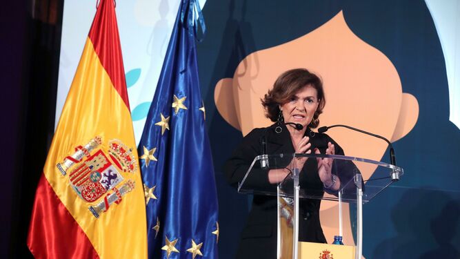 Carmen Calvo, durante el discurso de clausura la entrega de la X Premios de Excelencia a la Innovación para Mujeres Rurales.