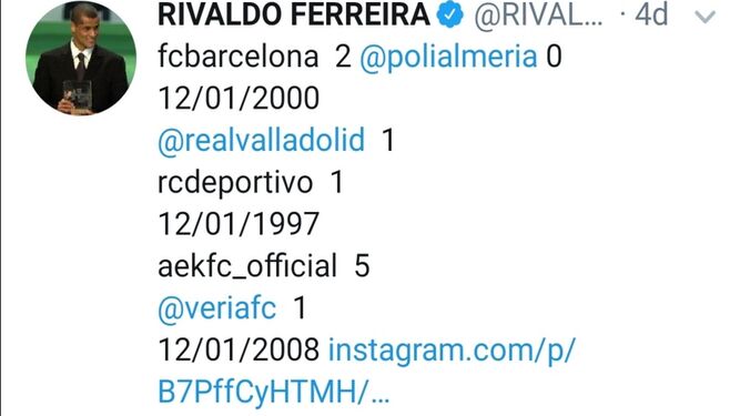 Rivaldo cita al Poli en su perfil oficial de ‘Twitter’