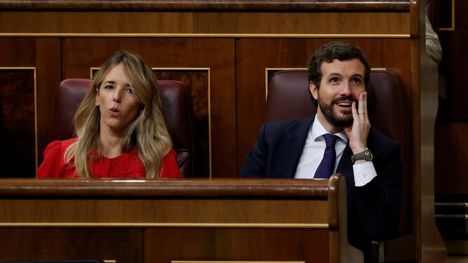 El líder del PP, Pablo Casado, y la portavoz parlamentaria, Cayetana Álvarez de Toledo, durante la sesión de control al Gobierno este miércoles en el Congreso.
