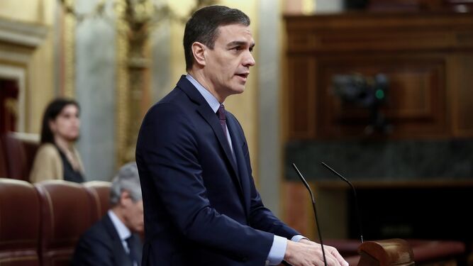El presidente de Gobierno, Pedro Sánchez, en su intervención en un Congreso casi vacío este miércoles 18 de marzo.
