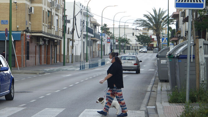 Una mujer con mascarilla pasea al perro en Torreblanca.