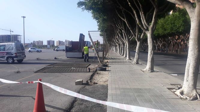 Operarios retiran tramos de valla defectuosos en la avenida del Mediterráneo que serán repuestos