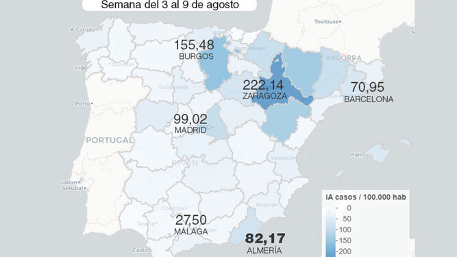 Incidencia del coronavirus acumulada en las provincias de España en la semana del 3 al 9 de agosto.