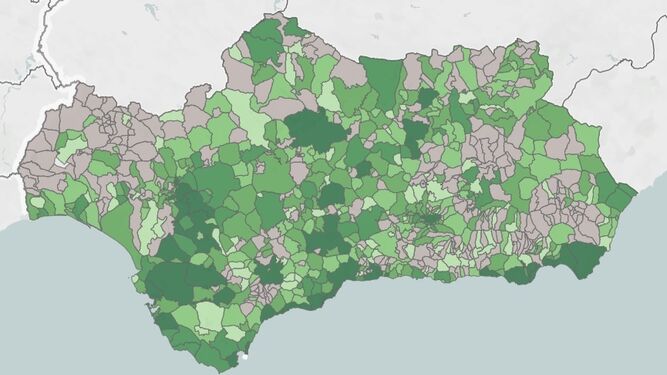Mapa de casos diagnosticados en los últimos 14 días en Andalucía.