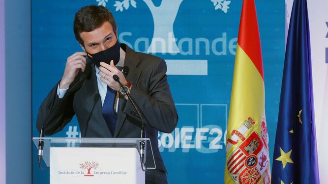 El líder del PP; Pablo Casado, durante el XXIII Congreso Nacional de la Empresa Familiar celebrado este lunes en Casa América, en Madrid.