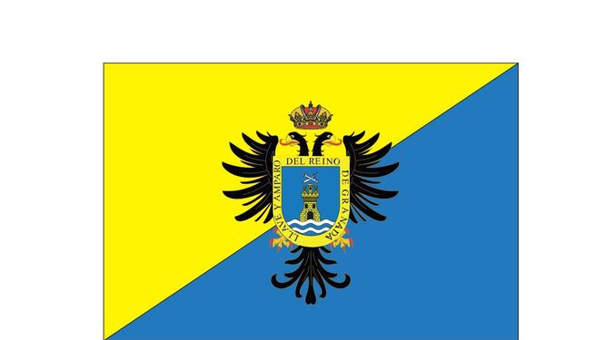 En esta se divide la bandera en dos triángulos amarillos y azules con la insignia en el centro.