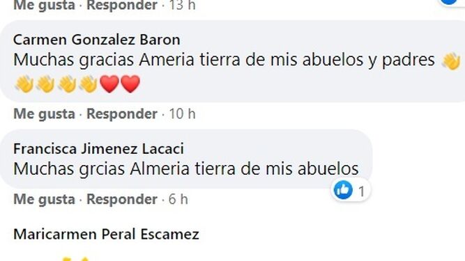 Mensajes de agradecimiento a Almería en un grupo de Melilla.