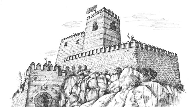Ilustración de la alcazaba que coronaba el cerro de Bayra antes del terremoto.