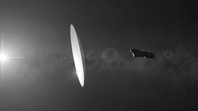 Representación artística de Oumuamua como una vela solar, junto a una ilustración convencional del objeto como una roca alargada en forma de puro.