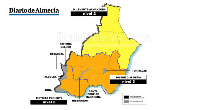 Mapa de cierres perimetrales en Almería desde el viernes 26 de marzo.
