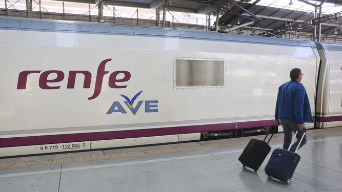 Un pasajero pasa junto a un tren AVE en la estación de trenes de Málaga.