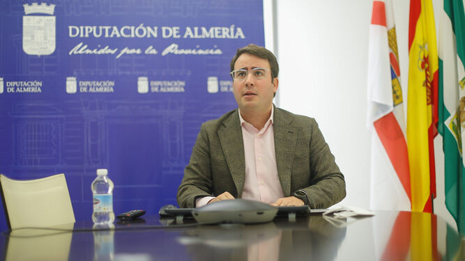 Fernando Giménez, diputado provincial de Turismo, durante su participación en la reunión telemática.