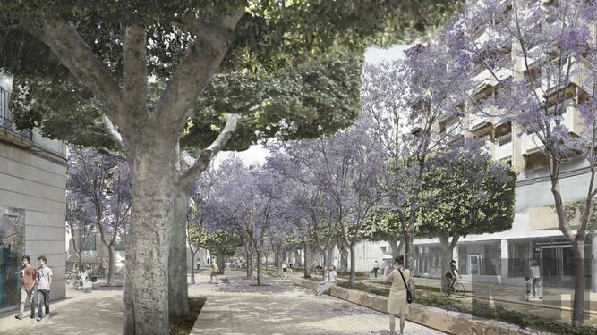 Una de las imágenes del concurso de ideas con el Paseo de Almería, peatonal y una hilera más de árboles