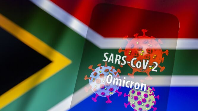 Un montaje con la bandera sudafricana y la mutación Ómicron
