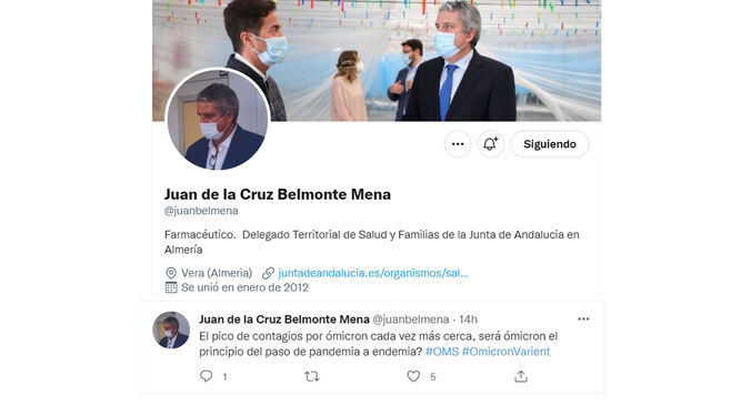 Tuit del delegado de Salud, Juan de la Cruz Belmonte.