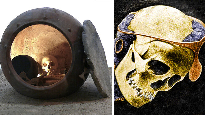 Enterramiento típico de El Argar y cráneo hallado en una de las tumbas.