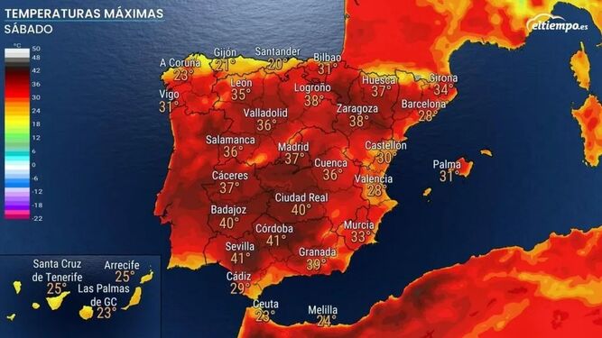 Mapa de temperaturas máximas previstas el sábado en España.