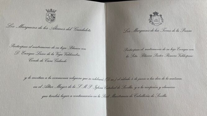 La invitación a la boda que se celebrará en el Altar Mayor de la Catedral de Sevilla el 4 de junio.