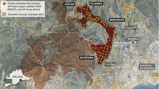 Crece el perímetro del fuego de Sierra Bermeja. Fuente: EFFIS, Copernicus, Junta de Andalucía y Educación Ambiental.