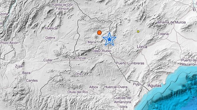 Mapa del terremoto de Los Vélez y una réplica posterior.