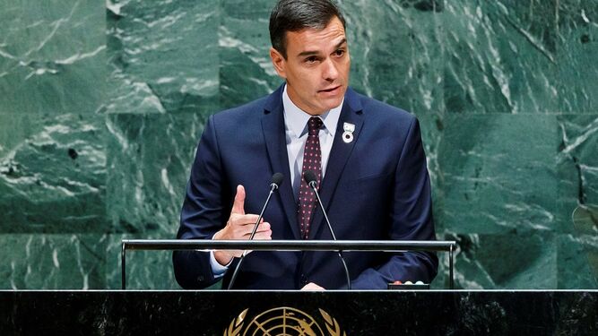 El presidente del Gobierno, Pedro Sánchez, interviene en la Asamblea General de la ONU de 2019, en Nueva York.