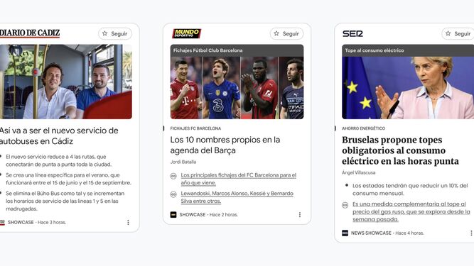 Un ejemplo de cómo se verán los paneles de News Showcase de algunos de los socios en España