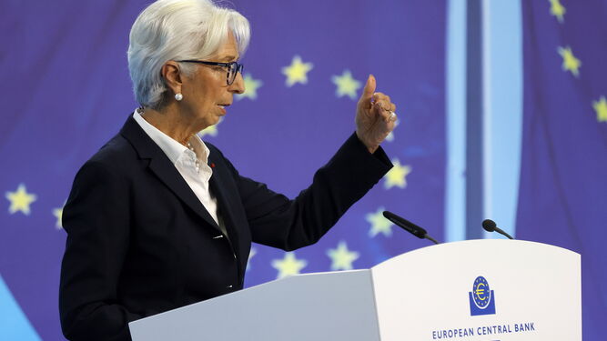 Christine Lagarde, en rueda de prensa, en la sede del BCE.