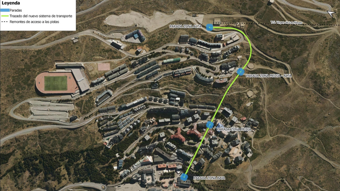 Mapa del recorrido propuesto para el funicular de Sierra Nevada