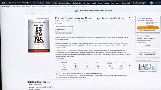 Captura de pantalla con el libro que el economista Ramón Tamames ha puesto a la venta en Amazon.