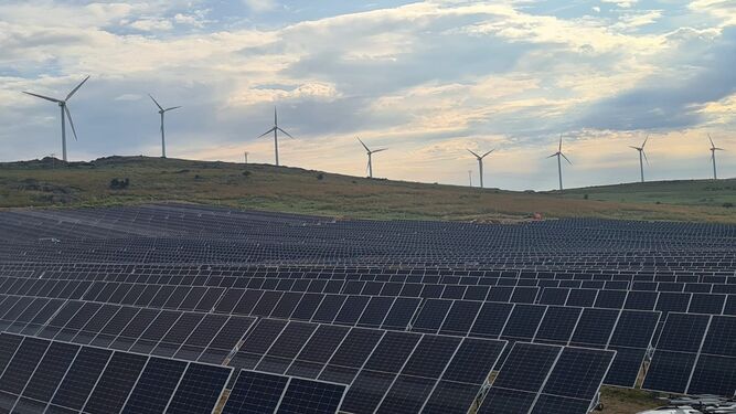 Aerogeneradores eólicos y placas solares instaladas en un mismo terreno.