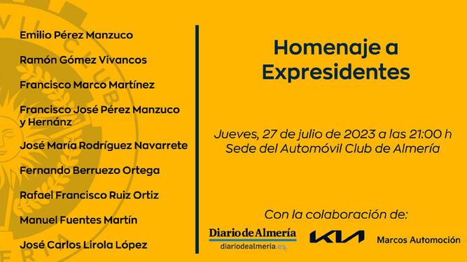 Cartel del homenaje a expresidente que el Automóvil Club de Almería realizará este jueves.