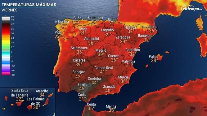 Temperaturas máximas previstas en España este viernes.