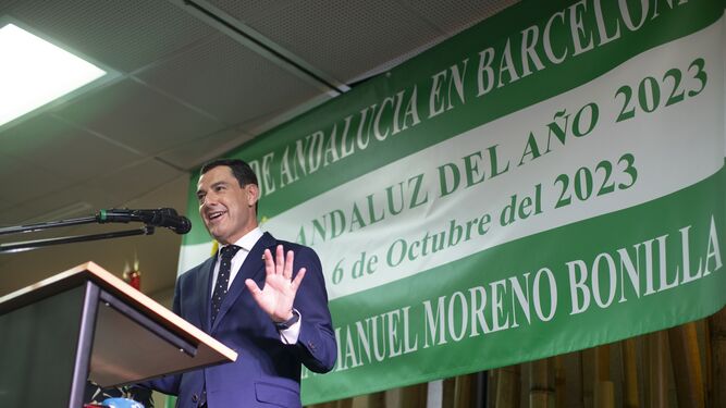 Juanma Moreno, en el acto de este fin de semana en Barcelona.