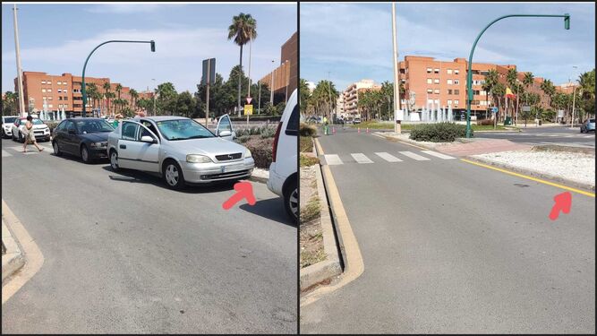 A la izquierda, el día en el que se interpusieron varias multas y donde no existía señalización, a la derecha, dos meses después, se pinta una línea amarilla.