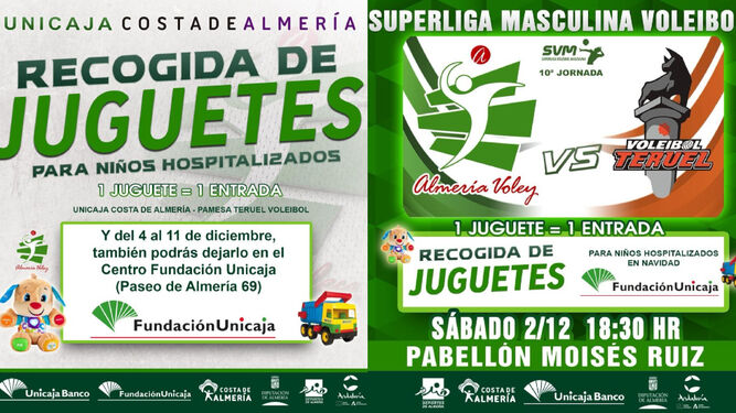 Los dos carteles de la recogida de juguetes del próximo sábado en el Moisés Ruiz.