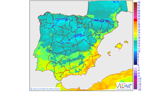 Mapa de temperaturas en España este martes 12 de diciembre.