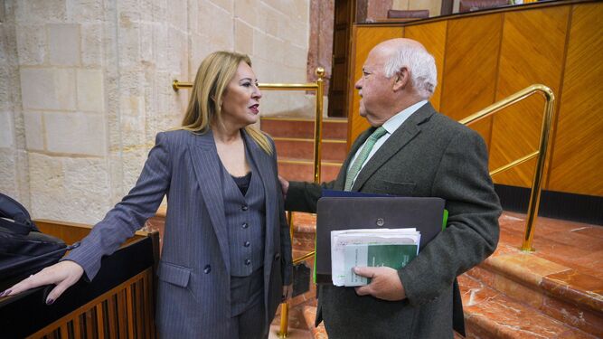 La consejera de Hacienda, Carolina España, con el presidente del Parlamento, Jesús Aguirre, antes del inicio de la sesión.