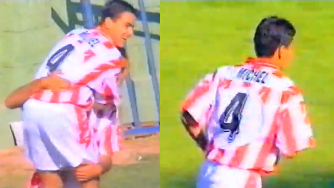 Míchel festeja su único gol como rojiblanco en el estadio del Levante.